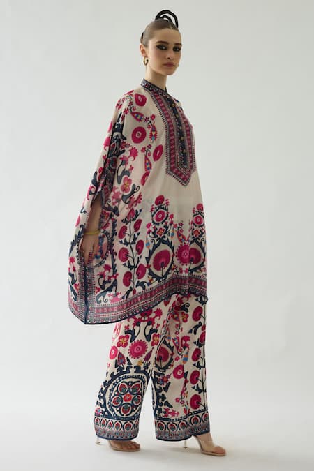 Buy_Rajdeep Ranawat_Pink Silk Embroidery Bandeau Neck Chanel Collar Printed Tunic _Online_at_Aza_Fashions