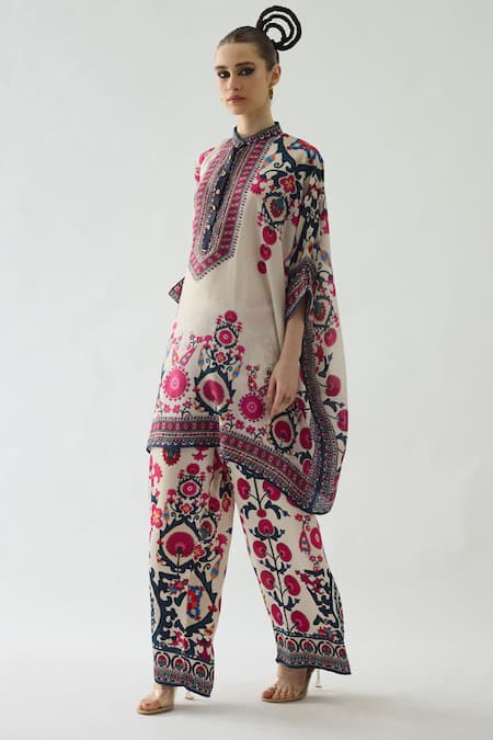 Shop_Rajdeep Ranawat_Pink Silk Embroidery Bandeau Neck Chanel Collar Printed Tunic _Online_at_Aza_Fashions