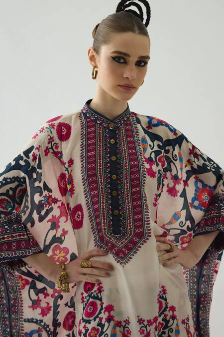Rajdeep Ranawat_Pink Silk Embroidery Bandeau Neck Chanel Collar Printed Tunic _at_Aza_Fashions