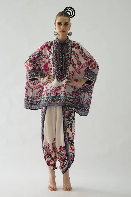 Rajdeep Ranawat Pink Silk Embroidery Bandeau Neck Chanel Floral Print Tunic Online at Aza Fashions Rajdeep Ranawat_Pink Silk Embroidery Bandeau Neck Chanel Floral Print Tunic _Online_at_Aza_Fashions