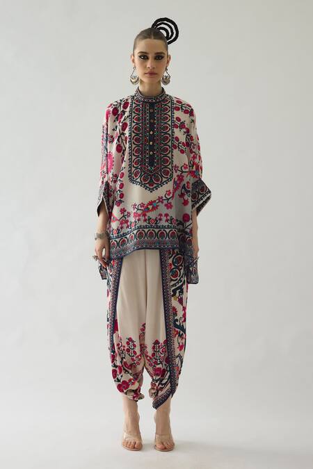 Buy Rajdeep Ranawat Pink Silk Embroidery Bandeau Neck Chanel Floral Print Tunic Online at Aza Fashions Buy_Rajdeep Ranawat_Pink Silk Embroidery Bandeau Neck Chanel Floral Print Tunic _Online_at_Aza_Fashions