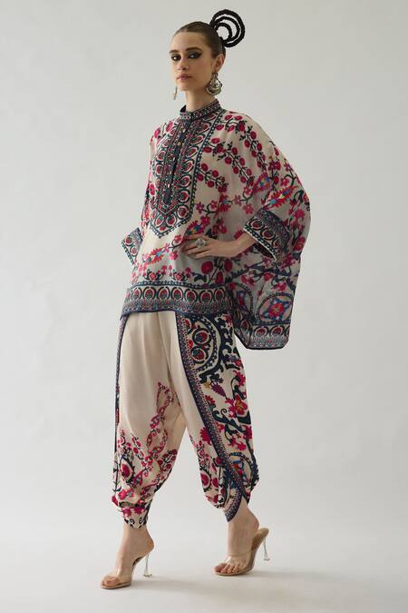 Shop Rajdeep Ranawat Pink Silk Embroidery Bandeau Neck Chanel Floral Print Tunic Online at Aza Fashions Shop_Rajdeep Ranawat_Pink Silk Embroidery Bandeau Neck Chanel Floral Print Tunic _Online_at_Aza_Fashions