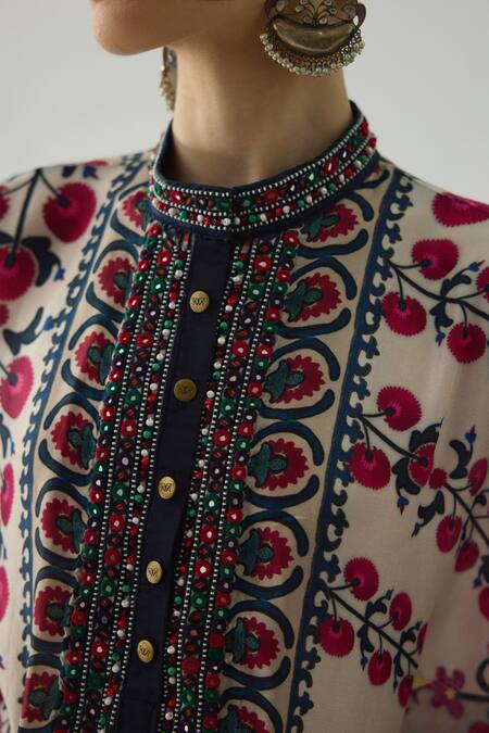 Rajdeep Ranawat Pink Silk Embroidery Bandeau Neck Chanel Floral Print Tunic at Aza Fashions Rajdeep Ranawat_Pink Silk Embroidery Bandeau Neck Chanel Floral Print Tunic _at_Aza_Fashions