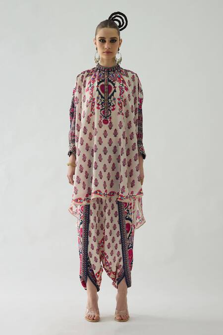 Rajdeep Ranawat_Pink Silk Mirrors, Beads Bandeau Neck Mabel Printed Shirt Tunic _Online_at_Aza_Fashions