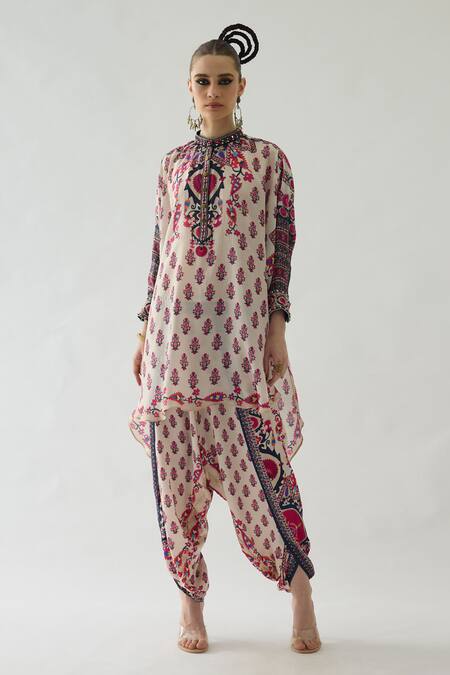 Buy_Rajdeep Ranawat_Pink Silk Mirrors, Beads Bandeau Neck Mabel Printed Shirt Tunic _Online_at_Aza_Fashions