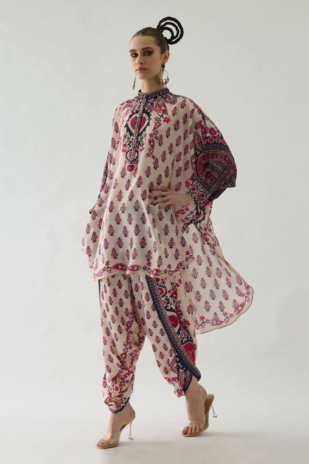 Shop_Rajdeep Ranawat_Pink Silk Mirrors, Beads Bandeau Neck Mabel Printed Shirt Tunic _Online_at_Aza_Fashions