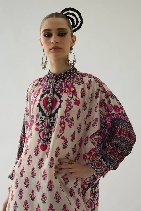 Rajdeep Ranawat_Pink Silk Mirrors, Beads Bandeau Neck Mabel Printed Shirt Tunic _at_Aza_Fashions