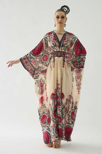 Rajdeep Ranawat_Maroon Silk Embroidery, Stones V-neck Imama Floral Print Kaftan _Online_at_Aza_Fashions