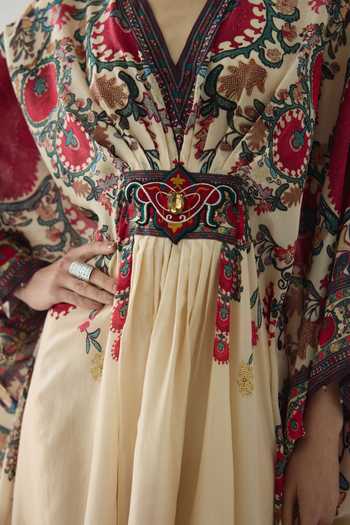 Buy_Rajdeep Ranawat_Maroon Silk Embroidery, Stones V-neck Imama Floral Print Kaftan _Online_at_Aza_Fashions