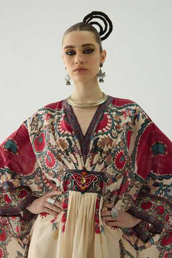 Shop_Rajdeep Ranawat_Maroon Silk Embroidery, Stones V-neck Imama Floral Print Kaftan _Online_at_Aza_Fashions