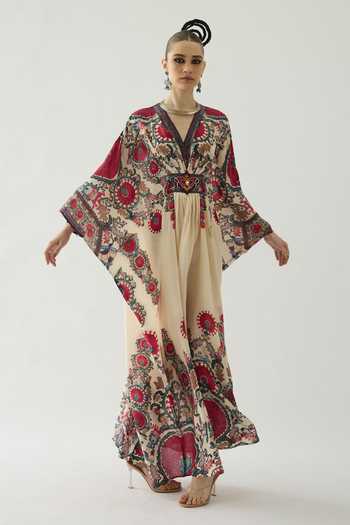 Rajdeep Ranawat_Maroon Silk Embroidery, Stones V-neck Imama Floral Print Kaftan _at_Aza_Fashions