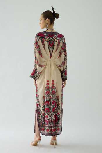 Shop Rajdeep Ranawat Maroon Silk Embroidery, Beads V-neck Rasika Floral Placement Print Draped Kaftan at Aza Fashions Shop_Rajdeep Ranawat_Maroon Silk Embroidery, Beads V-neck Rasika Floral Placement Print Draped Kaftan _at_Aza_Fashions