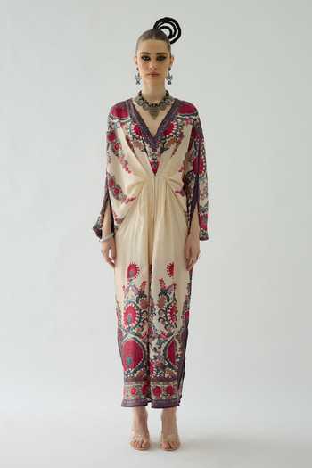 Rajdeep Ranawat Maroon Silk Embroidery, Beads V-neck Rasika Floral Placement Print Draped Kaftan Online at Aza Fashions Rajdeep Ranawat_Maroon Silk Embroidery, Beads V-neck Rasika Floral Placement Print Draped Kaftan _Online_at_Aza_Fashions