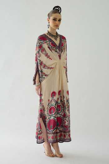 Buy Rajdeep Ranawat Maroon Silk Embroidery, Beads V-neck Rasika Floral Placement Print Draped Kaftan Online at Aza Fashions Buy_Rajdeep Ranawat_Maroon Silk Embroidery, Beads V-neck Rasika Floral Placement Print Draped Kaftan _Online_at_Aza_Fashions