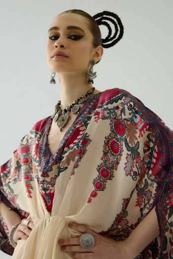 Shop Rajdeep Ranawat Maroon Silk Embroidery, Beads V-neck Rasika Floral Placement Print Draped Kaftan Online at Aza Fashions Shop_Rajdeep Ranawat_Maroon Silk Embroidery, Beads V-neck Rasika Floral Placement Print Draped Kaftan _Online_at_Aza_Fashions
