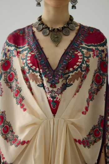 Rajdeep Ranawat Maroon Silk Embroidery, Beads V-neck Rasika Floral Placement Print Draped Kaftan at Aza Fashions Rajdeep Ranawat_Maroon Silk Embroidery, Beads V-neck Rasika Floral Placement Print Draped Kaftan _at_Aza_Fashions