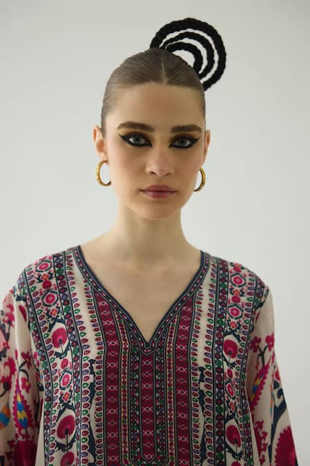 Shop_Rajdeep Ranawat_Maroon Silk Embroidery V-neck Adavi Flower Print Anarkali _Online_at_Aza_Fashions