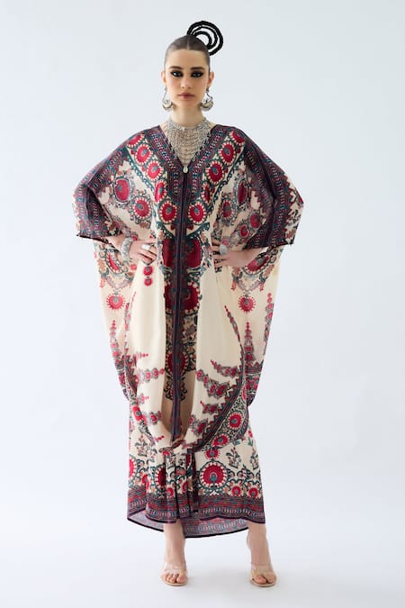 Rajdeep Ranawat Maroon Silk V-neck Dalilah Floral Print Kaftan Tunic 