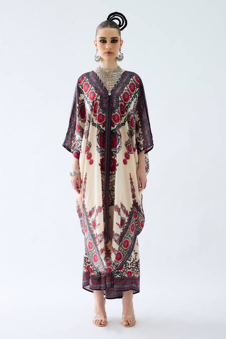 Rajdeep Ranawat_Maroon Silk V-neck Dalilah Floral Print Kaftan Tunic _Online_at_Aza_Fashions