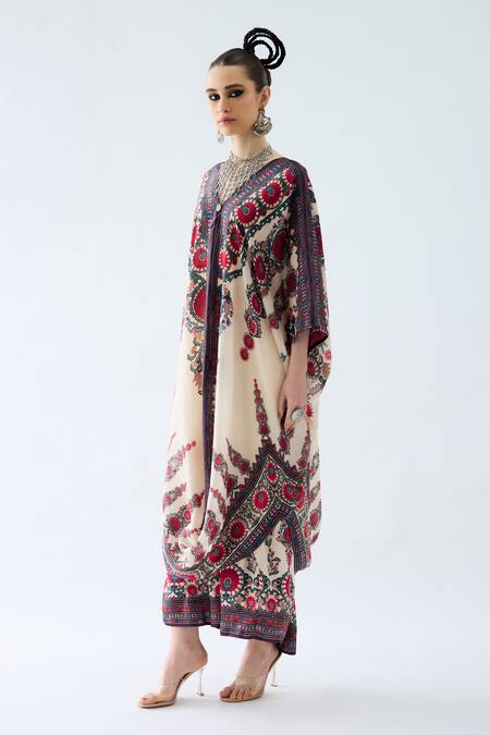 Buy_Rajdeep Ranawat_Maroon Silk V-neck Dalilah Floral Print Kaftan Tunic _Online_at_Aza_Fashions