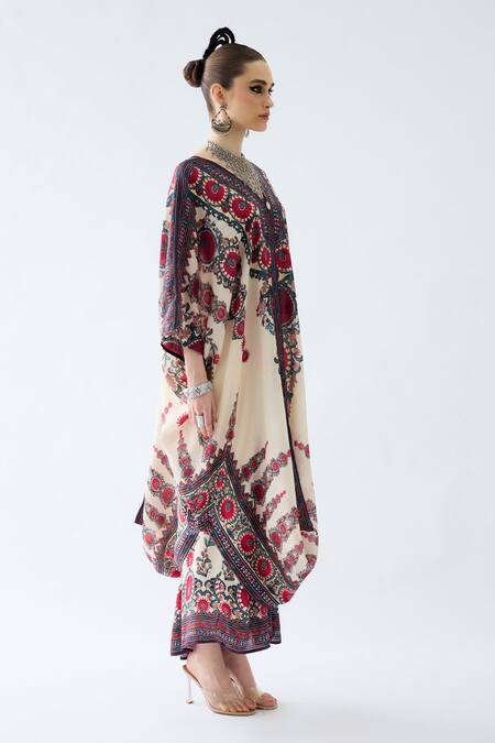 Shop_Rajdeep Ranawat_Maroon Silk V-neck Dalilah Floral Print Kaftan Tunic _Online_at_Aza_Fashions