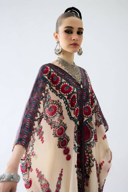 Rajdeep Ranawat_Maroon Silk V-neck Dalilah Floral Print Kaftan Tunic _at_Aza_Fashions