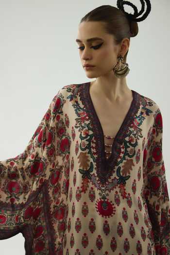 Shop_Rajdeep Ranawat_Maroon Silk Embroidery, Beads V-neck Gufrina Garden Print Kaftan _Online_at_Aza_Fashions