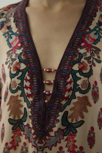 Buy_Rajdeep Ranawat_Maroon Silk Embroidery, Beads V-neck Gufrina Garden Print Kaftan 
