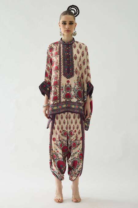 Rajdeep Ranawat_Maroon Silk Embroidery, Mirrors, Beads Chanel Collar Floral Print And Tunic _Online_at_Aza_Fashions