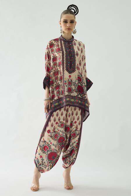 Buy_Rajdeep Ranawat_Maroon Silk Embroidery, Mirrors, Beads Chanel Collar Floral Print And Tunic _Online_at_Aza_Fashions