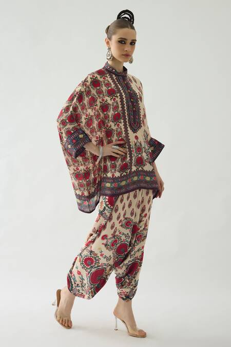 Shop_Rajdeep Ranawat_Maroon Silk Embroidery, Mirrors, Beads Chanel Collar Floral Print And Tunic _Online_at_Aza_Fashions