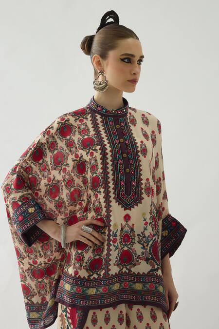 Rajdeep Ranawat_Maroon Silk Embroidery, Mirrors, Beads Chanel Collar Floral Print And Tunic _at_Aza_Fashions
