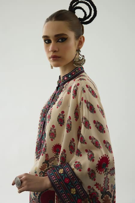 Buy_Rajdeep Ranawat_Maroon Silk Embroidery, Mirrors, Beads Chanel Collar Floral Print And Tunic 