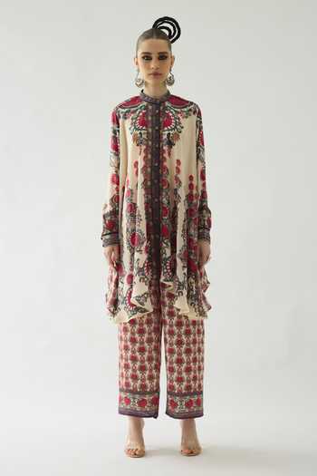 Rajdeep Ranawat Maroon Silk Mirrors, Beads Bandeau Neck Nilofer Botanical Print Tunic Online at Aza Fashions Rajdeep Ranawat_Maroon Silk Mirrors, Beads Bandeau Neck Nilofer Botanical Print Tunic _Online_at_Aza_Fashions