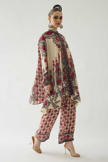 Shop Rajdeep Ranawat Maroon Silk Mirrors, Beads Bandeau Neck Nilofer Botanical Print Tunic Online at Aza Fashions Shop_Rajdeep Ranawat_Maroon Silk Mirrors, Beads Bandeau Neck Nilofer Botanical Print Tunic _Online_at_Aza_Fashions
