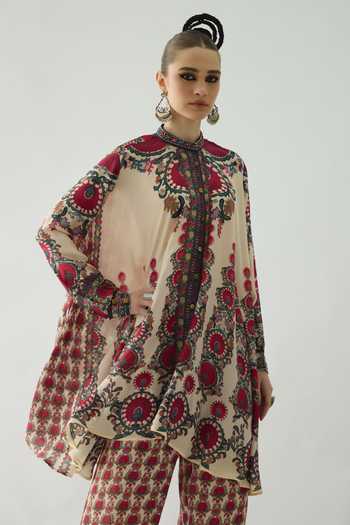 Rajdeep Ranawat Maroon Silk Mirrors, Beads Bandeau Neck Nilofer Botanical Print Tunic at Aza Fashions Rajdeep Ranawat_Maroon Silk Mirrors, Beads Bandeau Neck Nilofer Botanical Print Tunic _at_Aza_Fashions