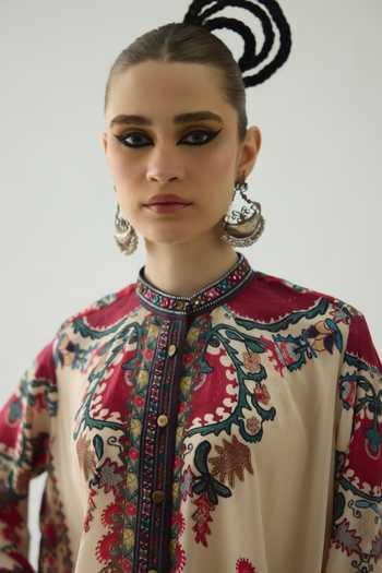 Buy Rajdeep Ranawat Maroon Silk Mirrors, Beads Bandeau Neck Nilofer Botanical Print Tunic Buy_Rajdeep Ranawat_Maroon Silk Mirrors, Beads Bandeau Neck Nilofer Botanical Print Tunic