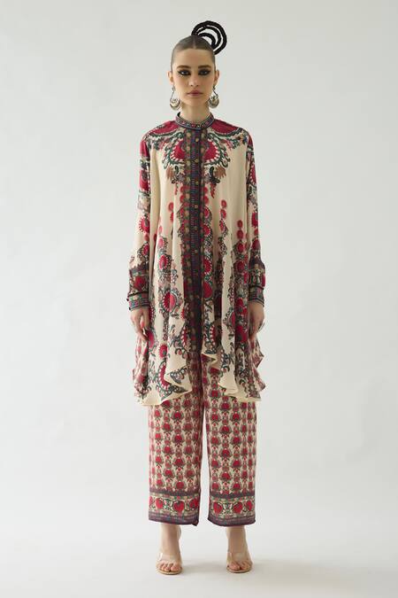 Rajdeep Ranawat_Maroon Silk Mirrors, Beads Bandeau Neck Nilofer Botanical Print Tunic _Online_at_Aza_Fashions