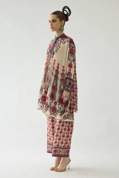 Buy_Rajdeep Ranawat_Maroon Silk Mirrors, Beads Bandeau Neck Nilofer Botanical Print Tunic _Online_at_Aza_Fashions