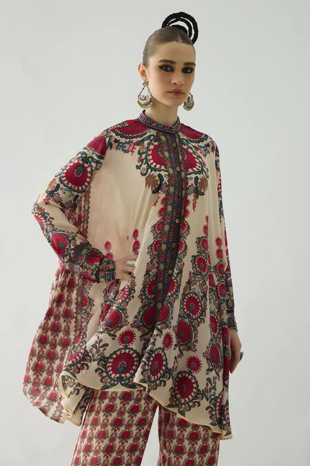 Rajdeep Ranawat_Maroon Silk Mirrors, Beads Bandeau Neck Nilofer Botanical Print Tunic _at_Aza_Fashions