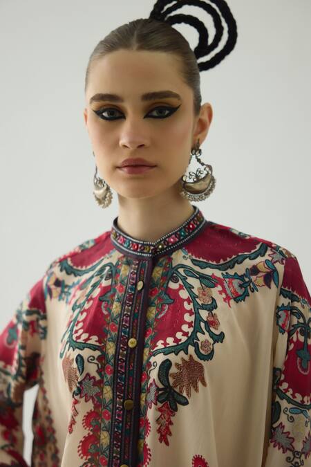 Buy_Rajdeep Ranawat_Maroon Silk Mirrors, Beads Bandeau Neck Nilofer Botanical Print Tunic 