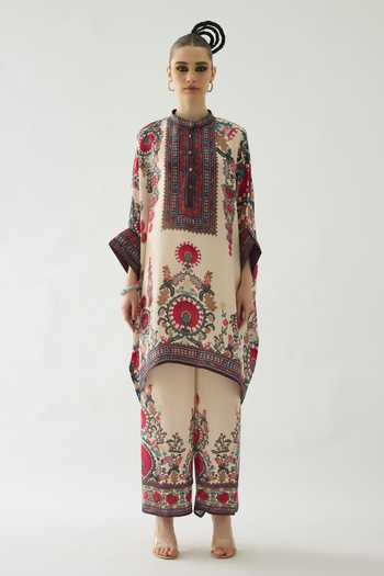 Rajdeep Ranawat Maroon Silk Embroidery, Beads Bandeau Neck Chanel Collar Floral Print Tunic Online at Aza Fashions Rajdeep Ranawat_Maroon Silk Embroidery, Beads Bandeau Neck Chanel Collar Floral Print Tunic _Online_at_Aza_Fashions