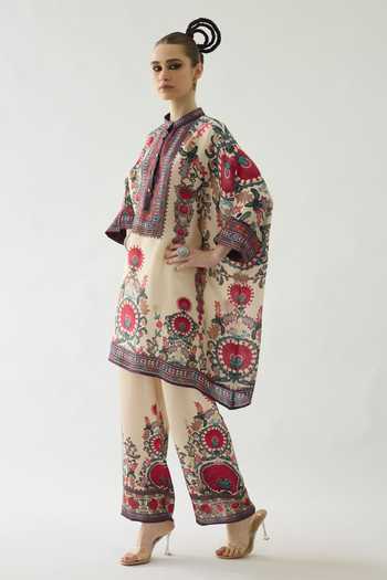 Shop Rajdeep Ranawat Maroon Silk Embroidery, Beads Bandeau Neck Chanel Collar Floral Print Tunic Online at Aza Fashions Shop_Rajdeep Ranawat_Maroon Silk Embroidery, Beads Bandeau Neck Chanel Collar Floral Print Tunic _Online_at_Aza_Fashions