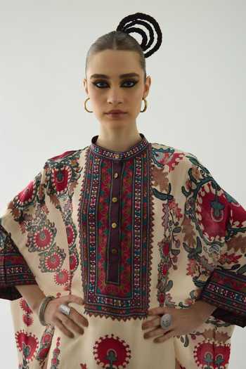 Buy Rajdeep Ranawat Maroon Silk Embroidery, Beads Bandeau Neck Chanel Collar Floral Print Tunic Buy_Rajdeep Ranawat_Maroon Silk Embroidery, Beads Bandeau Neck Chanel Collar Floral Print Tunic