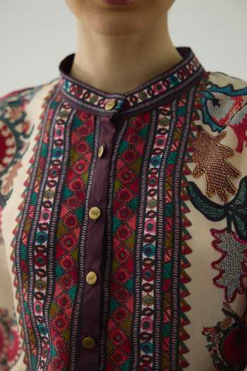 Shop Rajdeep Ranawat Maroon Silk Embroidery, Beads Bandeau Neck Chanel Collar Floral Print Tunic Shop_Rajdeep Ranawat_Maroon Silk Embroidery, Beads Bandeau Neck Chanel Collar Floral Print Tunic