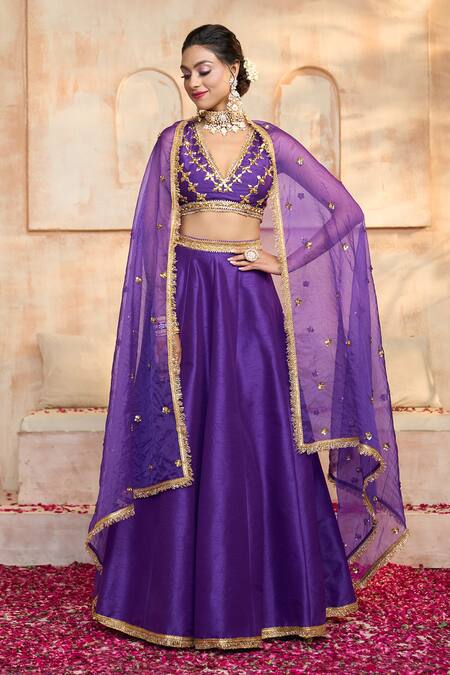 Shop_Preeti S Kapoor X AZA_Blue Silk, Viscose Embroidery, Lace V-neck Blouse Lehenga Set _Online_at_Aza_Fashions