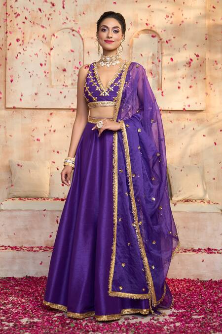 Preeti S Kapoor X AZA_Blue Silk, Viscose Embroidery, Lace V-neck Blouse Lehenga Set _at_Aza_Fashions