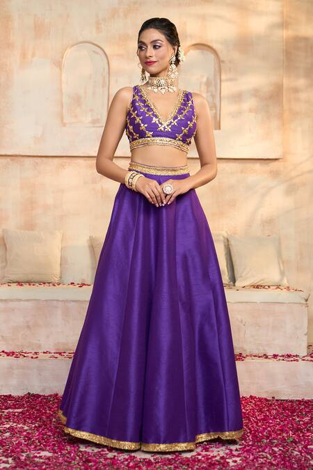 Shop_Preeti S Kapoor X AZA_Blue Silk, Viscose Embroidery, Lace V-neck Blouse Lehenga Set 