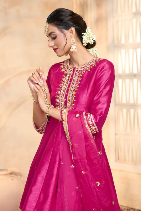 Preeti S Kapoor X AZA_Fuchsia Silk, Viscose, Organza Gota Patti, Lace Embroidered Short Anarkali Set _at_Aza_Fashions
