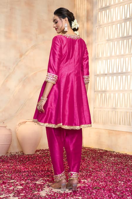 Buy_Preeti S Kapoor X AZA_Fuchsia Silk, Viscose, Organza Gota Patti, Lace Embroidered Short Anarkali Set 
